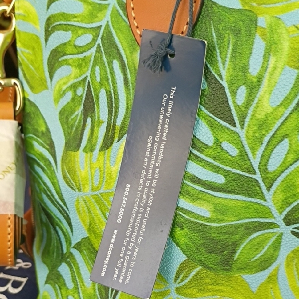 Dooney & Bourke Green and Aqua Tropical Leaf Satchel with Tan Trim - Picture 4 of 4